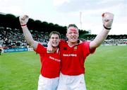 6 May 2000; Tom Tierney, left, and Mick Galwey celebrates victory over Toulouse following the European Rugby Cup semi-final match between Toulouse and Munster at Stade Lescure in Bordeaux, France. Photo by Matt Browne/Sportsfile