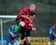 3 December 2000; Bohemians goalscorer Darren O'Keeffe celebrates with team-mate Stephen Caffrey after scoring a goal during the Eircom League Premier Division match between Bohemians and Derry City at Dalymount Park in Dublin. Photo by Ray Lohan/Sportsfile