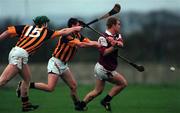 3 December 2000; Rory Gantley of Galway has his clearance blocked by  J.P. Corcoran and Henry Shefflin of Kilkenny during the 1999 Oireachtas Hurling Final between Galway and Kilkenny in Nenagh, Tipperary. Photo by Ray McManus/Sportsfile
