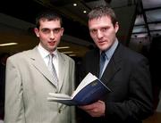 6 December 2000; Pictured at the launch of the 'Information for Players'  booklet are from left, Galeway hurler Cathal Moore and Jarlath Burns, Chairman of the Players Advisory Group. Photo by Ray McManus/Sportsfile