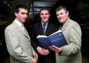 6 December 2000; Pictured at the launch of the 'Information for Players'  booklet are from left, Galway hurler Cathal Moore, Jarlath Burns, Chairman of the Players Advisory Group and GAA President, Sean McCague. Photo by Ray McManus/Sportsfile
