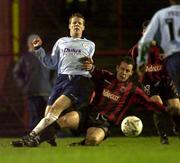 8 December 2000; James Keddy of Shelbourne in action against Tony O'Connor of Bohemians during the Eircom League Premier Division match between Bohemians and Shelbourne at Dalymount Park in Dublin. Photo by David Maher/Sportsfile