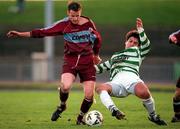 10 December 2000; Scott Morgan of Galway United in action against Pascal Vaudequin of Shamrock Rovers during the Eircom League Premier Division match between Shamrock Rovers and Galway United at  Morton Stadium, Santry in Dublin. Photo by Pat Murphy/Sportsfile