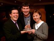 14 December 2000;  The eircom Player of the Month for November, Stephen O'Brien, left, Longford Town, is presented with his award by Adrienne Regan, Head of Sponsorship, eircom in the company of Longford Town manager, Stephen Kenny, centre. Soccer. Picture credit; Ray McManus/SPORTSFILE *EDI*