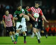 11 September 2015; Aaron Barry, Derry City, in action against Mark O'Sullivan, Cork City. Irish Daily Mail FAI Senior Cup, Quarter-Final, Derry City v Cork City, Brandywell Stadium, Derry. Picture credit: Oliver McVeigh / SPORTSFILE