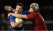 11 September 2015; Matt Byrne, Leinster, is tackled by Sean O'Leary, Munster. U20 Interprovincial Rugby Championship, Round 2, Munster v Leinster, The Mardyke, Cork. Picture credit: Matt Browne / SPORTSFILE