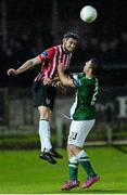 11 September 2015; Aaron Barry, Derry City, in action against  Mark O'Sullivan, Cork City. Irish Daily Mail FAI Senior Cup, Quarter-Final, Derry City v Cork City, Brandywell Stadium, Derry. Picture credit: Oliver McVeigh / SPORTSFILE
