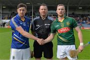 12 September 2015; Team captains Gavin Weir, left, Wicklow, and James Andrews, Meath, shake hands in the company of referee David Hughes, before the game. Bord Gais Energy GAA Hurling All-Ireland U21 B Championship Final, Meath v Wicklow, Semple Stadium, Thurles, Co. Tipperary. Picture credit: Brendan Moran / SPORTSFILE