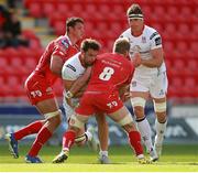 12 September 2015; Clive Ross, Ulster, is tackled by Aaron Shingler and John Barclay, Scarlets. Guinness PRO12, Round 2, Scarlets v Ulster, Parc Y Scarlets, Llanelli, Wales. Picture credit: Chris Fairweather / SPORTSFILE