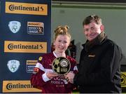 12 September 2015; Lynsey McKey, Galway WFC, is presented with her player of the match award by Eddie Ryan, Advance Pitstop, Marketing Director. Continental Tyres Women's National League, Castlebar Celtic v Galway WFC, Celtic Park, Castlebar, Co. Mayo. Picture credit: Piaras Ó Mídheach / SPORTSFILE