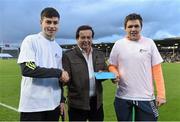 12 September 2015; Seanie O’Brien, left, Patrickswell GAA Club, Limerick, and Gearoid Cullen, Naomh Eanna GAA, Wexford, receive their prize for winning the half-time Crossbar Challenge from Marty Morrissey. Bord Gais Energy GAA Hurling All-Ireland U21 Championship Final, Limerick v Wexford, Semple Stadium, Thurles, Co. Tipperary. Picture credit: Brendan Moran / SPORTSFILE