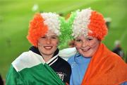 28 March 2009; Republic of Ireland supporters Hazel McAuliffe, left and Sarah Quigley, both from Nenagh, Co. Tipperary cheer on their team before the start of the game. 2010 FIFA World Cup Qualifier, Republic of Ireland v Bulgaria, Croke Park, Dublin. Picture credit: David Maher / SPORTSFILE