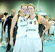 28 March 2009; Sligo All Stars Kelly Johnson, left, and Louise Harte celebrate after the game. Basketball Ireland’s Women’s Division One Final, Sligo All Stars v Scruffy St. Paul’s, Aura Complex, Letterkenny, Co. Donegal. Picture credit: Brendan Moran / SPORTSFILE