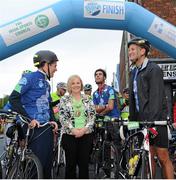 13 September 2015; The Irish Sports Council, in conjunction with Cycling Ireland teamed up with the Department of Transport, Tourism and Sport, Dublin City Council and Healthy Ireland for the Great Dublin Bike Ride which seen over 3,000 participants of all abilities from novice to expert ride 60km or 100km routes. Pictured, from left to right, Paschal Donohoe TD, Minister for Transport, Tourism and Sport, Lord Mayor of Dublin Críona Ní Dhálaigh, and Leo Varadkar TD, Minister for Health. The Great Dublin Bike Ride. Smithfield Square, Dublin. Picture credit: Seb Daly / SPORTSFILE
