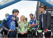 13 September 2015; The Irish Sports Council, in conjunction with Cycling Ireland teamed up with the Department of Transport, Tourism and Sport, Dublin City Council and Healthy Ireland for the Great Dublin Bike Ride which seen over 3,000 participants of all abilities from novice to expert ride 60km or 100km routes. Pictured, from left to right, Paschal Donohoe TD, Minister for Transport, Tourism and Sport, Lord Mayor of Dublin Críona Ní Dhálaigh, and Leo Varadkar TD, Minister for Health. The Great Dublin Bike Ride. Smithfield Square, Dublin. Picture credit: Seb Daly / SPORTSFILE
