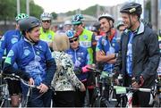 13 September 2015; The Irish Sports Council, in conjunction with Cycling Ireland teamed up with the Department of Transport, Tourism and Sport, Dublin City Council and Healthy Ireland for the Great Dublin Bike Ride which seen over 3,000 participants of all abilities from novice to expert ride 60km or 100km routes. Pictured, from left to right, Paschal Donohoe TD, Minister for Transport, Tourism and Sport, and Leo Varadkar TD, Minister for Health. The Great Dublin Bike Ride. Smithfield Square, Dublin. Picture credit: Seb Daly / SPORTSFILE