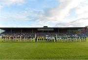 12 September 2015; The Wexford and Limerick teams, along with referee Johnny Ryan and his match officials, line up for the respect handshake before the game. Bord Gais Energy GAA Hurling All-Ireland U21 Championship Final, Limerick v Wexford, Semple Stadium, Thurles, Co. Tipperary. Picture credit: Diarmuid Greene / SPORTSFILE