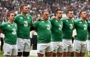 5 September 2015; Ireland players, from left, Eoin Reddan, Donnacha Ryan, Nathan White, Conor Murray, Robbie Henshaw and Tommy Bowe stand for the national anthem before the game. Rugby World Cup Warm-Up Match, England v Ireland. Twickenham Stadium, London, England. Picture credit: Brendan Moran / SPORTSFILE