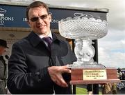 13 September 2015; Trainer Aidan O'Brien lifts the trophy after he sent out Order Of St. George to win the Palmerstown House Estate Irish St. Leger. Irish Champions Weekend. The Curragh, Co. Kildare. Picture credit: Cody Glenn / SPORTSFILE