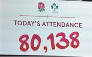 5 September 2015; The scoreboard showing the attendance at the game. Rugby World Cup Warm-Up Match, England v Ireland. Twickenham Stadium, London, England. Picture credit: Brendan Moran / SPORTSFILE