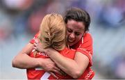 13 September 2015; Cork players Orla Cotter, right, and Laura Treacy celebrate at the end of the game. Liberty Insurance All Ireland Senior Camogie Championship Final, Cork v Galway. Croke Park, Dublin. Picture credit: David Maher / SPORTSFILE