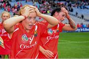 13 September 2015; Cork's Laura Treacy, left, and Ashling Thompson celebrate after the game. Liberty Insurance All Ireland Senior Camogie Championship Final, Cork v Galway. Croke Park, Dublin. Picture credit: Piaras Ó Mídheach / SPORTSFILE