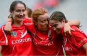 13 September 2015; Cork players, from left, Pamela Mackey, Laura Treacy and Katriona Mackey celebrate after the game. Liberty Insurance All Ireland Senior Camogie Championship Final, Cork v Galway. Croke Park, Dublin. Picture credit: Piaras Ó Mídheach / SPORTSFILE