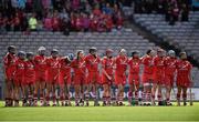 13 September 2015; Cork team stand together during the playing of the national anthem. Liberty Insurance All Ireland Senior Camogie Championship Final, Cork v Galway. Croke Park, Dublin. Picture credit: David Maher / SPORTSFILE