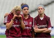 13 September 2015; Galway captain Shauna Healy, left, is consoled by team-mate Aoife Callanan during the cup presentation. Liberty Insurance All Ireland Senior Camogie Championship Final, Cork v Galway. Croke Park, Dublin. Picture credit: Piaras Ó Mídheach / SPORTSFILE