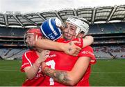 13 September 2015; Cork captain Ashling Thompson celebrates with team-mates Meabh Cahalane, 7, and Laura Treacy, left, at the final whistle. Liberty Insurance All Ireland Senior Camogie Championship Final, Cork v Galway. Croke Park, Dublin. Picture credit: Piaras Ó Mídheach / SPORTSFILE