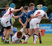 12 September 2015; JJ O'Dea, Leinster, is tackled by Paul Mullen, Ulster. Clubs Interprovincial Rugby Championship, Round 2, Ulster v Leinster, U18 Clubs, Rainey RFC, Magherafelt, Derry. Picture credit: Oliver McVeigh / SPORTSFILE