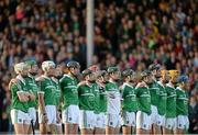 12 September 2015; The Limerick team, including Cian Lynch, left, stand together during the playing of the national anthem before the game. Bord Gais Energy GAA Hurling All-Ireland U21 Championship Final, Limerick v Wexford, Semple Stadium, Thurles, Co. Tipperary. Picture credit: Diarmuid Greene / SPORTSFILE