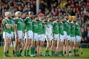 12 September 2015; The Limerick team stand together during the playing of the national anthem before the game. Bord Gais Energy GAA Hurling All-Ireland U21 Championship Final, Limerick v Wexford, Semple Stadium, Thurles, Co. Tipperary. Picture credit: Diarmuid Greene / SPORTSFILE