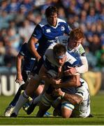 12 September 2015; Dominic Ryan, Leinster, is tackled by Rhys Patchell and Josh Turnbull, Cardiff Blues. Guinness PRO12, Round 2, Leinster v Cardiff Blues. RDS, Ballsbridge, Dublin. Picture credit: Stephen McCarthy / SPORTSFILE