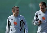 29 March 2009; Republic of Ireland captain Robbie Keane, left and Richard Dunne at the end of squad training ahead of their 2010 FIFA World Cup Qualifier against Italy on Wednesday. Gannon Park, Malahide, Co. Dublin. Picture credit: David Maher / SPORTSFILE
