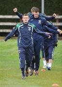 31 March 2009; Northern Ireland's George McCartney, front, and Jonny Evans in action during squad training ahead of their 2010 FIFA World Cup Qualifier against Slovenia on Wednesday. Northern Ireland Squad Training, Greenmount College, Antrim, Co. Antrim. Picture credit: Oliver McVeigh / SPORTSFILE