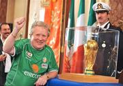 31 March 2009; Republic of Ireland supporter Malachy Gormley, from Letterkenny, Co. Donegal, pictured beside the FIFA World Cup Trophy, which is on display in Bari, ahead of the 2010 FIFA World Cup Qualifier between the Republic of Ireland and Italy on Wednesday. Republic of Ireland Fans in Italy, Bari, Italy. Picture credit: David Maher / SPORTSFILE