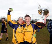 29 March 2009; Donna English and Bronagh Sheridan, DCU, celebrate with the O'Connor cup after the game. O'Connor Cup Final, University of DCU v University of Limerick, UUJ, Jordanstown, Shore Road, Newtownabbey, Co. Antrim. Picture credit: Oliver McVeigh / SPORTSFILE