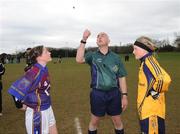 29 March 2009; University of Limerick Captain Anne O'Dwyer and DCU Captain Fiona McHale with Referee Eugene O'Hare at the toss before the game. O'Connor Cup Final, University of DCU v University of Limerick, UUJ, Jordanstown, Shore Road, Newtownabbey, Co. Antrim. Picture credit: Oliver McVeigh / SPORTSFILE