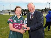 29 March 2009; St Marys Joline Donnelly is presented with the Player of the match award by Ladies GAA President Pat Quill. Lynch Cup Final, Dublin Insitute of Technology v St Marys, Belfast, UUJ, Jordanstown, Shore Road, Newtownabbey, Co. Antrim. Picture credit: Oliver McVeigh / SPORTSFILE