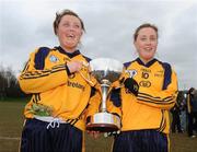 29 March 2009; The McAnespie twins, Aoife and Ciara, DCU, with the O'Connor cup after the game. O'Connor Cup Final, University of DCU v University of Limerick, UUJ, Jordanstown, Shore Road, Newtownabbey, Co. Antrim. Picture credit: Oliver McVeigh / SPORTSFILE