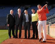 31 March 2009; At the launch of the 2009 FBD All-Ireland GAA Golf Challenge were, from left, GAA President Nickey Brennan, Adrian Taheny, Director of Marketing and Sales, FBD Insurance, Tyrone football manager Mickey Harte, Kilkenny hurler Eddie Brennan and Armagh footballer Steven McDonnell. Croke Park, Dublin. Photo by Sportsfile