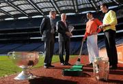31 March 2009; At the launch of the 2009 FBD All-Ireland GAA Golf Challenge were, from left, Tyrone football manager Mickey Harte, Adrian Taheny, Director of Marketing and Sales, FBD Insurance, Armagh footballer Steven McDonnell and Kilkenny hurler Eddie Brennan. Croke Park, Dublin. Photo by Sportsfile
