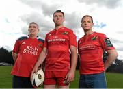 16 September 2015; Bank of Ireland is once again opening up its sponsorships of the Munster and Leinster rugby teams to businesses throughout Ireland to compete in its third ‘Sponsor for a Day’ competition and win the right to have their company logo displayed on the Munster and Leinster players’ jerseys during a high profile European Rugby Champions Cup match in front of a large live and TV audience. The full prize includes – the winners company logo on the front of the jerseys; pitch signage; corporate hospitality for ten guests; match programme advert; photographs with the team; promotion for your business from Bank of Ireland and Munster/ Leinster Rugby through press and media for all shortlisted companies and winners. The selected games be home Leinster and Munster matches that will be broadcast live on SKY. Pictured at the  launch of Bank of Ireland’s rugby Sponsor for a Day Competition 2015 are Munster's Peter O'Mahony with Michael Quigley, Accounts Manager, Ryan Stoves, left, and Alan Long, Manager at Irish Yogurts. Wanderers Rugby Club, Merrion Road, Dublin. Picture credit: Stephen McCarthy / SPORTSFILE