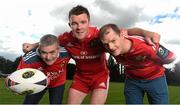 16 September 2015; Bank of Ireland is once again opening up its sponsorships of the Munster and Leinster rugby teams to businesses throughout Ireland to compete in its third ‘Sponsor for a Day’ competition and win the right to have their company logo displayed on the Munster and Leinster players’ jerseys during a high profile European Rugby Champions Cup match in front of a large live and TV audience. The full prize includes – the winners company logo on the front of the jerseys; pitch signage; corporate hospitality for ten guests; match programme advert; photographs with the team; promotion for your business from Bank of Ireland and Munster/ Leinster Rugby through press and media for all shortlisted companies and winners. The selected games be home Leinster and Munster matches that will be broadcast live on SKY. Pictured at the  launch of Bank of Ireland’s rugby Sponsor for a Day Competition 2015 are Munster's Peter O'Mahony with Michael Quigley, Accounts Manager, Ryan Stoves, left, and Alan Long, Manager at Irish Yogurts. Wanderers Rugby Club, Merrion Road, Dublin. Picture credit: Stephen McCarthy / SPORTSFILE