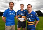 16 September 2015; Bank of Ireland is once again opening up its sponsorships of the Munster and Leinster rugby teams to businesses throughout Ireland to compete in its third ‘Sponsor for a Day’ competition and win the right to have their company logo displayed on the Munster and Leinster players’ jerseys during a high profile European Rugby Champions Cup match in front of a large live and TV audience. The full prize includes – the winners company logo on the front of the jerseys; pitch signage; corporate hospitality for ten guests; match programme advert; photographs with the team; promotion for your business from Bank of Ireland and Munster/ Leinster Rugby through press and media for all shortlisted companies and winners. The selected games be home Leinster and Munster matches that will be broadcast live on SKY. Pictured at the  launch of Bank of Ireland’s rugby Sponsor for a Day Competition 2015 are Leinster's Jamie Heslip with Nigel Gahan, Sales Director, Gahan Meats, left, and Marc O’Dwyer, Owner, Big Red Cloud. Wanderers Rugby Club, Merrion Road, Dublin. Picture credit: Stephen McCarthy / SPORTSFILE