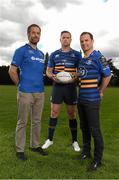 16 September 2015; Bank of Ireland is once again opening up its sponsorships of the Munster and Leinster rugby teams to businesses throughout Ireland to compete in its third ‘Sponsor for a Day’ competition and win the right to have their company logo displayed on the Munster and Leinster players’ jerseys during a high profile European Rugby Champions Cup match in front of a large live and TV audience. The full prize includes – the winners company logo on the front of the jerseys; pitch signage; corporate hospitality for ten guests; match programme advert; photographs with the team; promotion for your business from Bank of Ireland and Munster/ Leinster Rugby through press and media for all shortlisted companies and winners. The selected games be home Leinster and Munster matches that will be broadcast live on SKY. Pictured at the  launch of Bank of Ireland’s rugby Sponsor for a Day Competition 2015 are Leinster's Jamie Heslip with Nigel Gahan, Sales Director, Gahan Meats, left, and Marc O’Dwyer, Owner, Big Red Cloud. Wanderers Rugby Club, Merrion Road, Dublin. Picture credit: Stephen McCarthy / SPORTSFILE