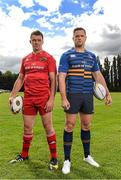 16 September 2015; Bank of Ireland is once again opening up its sponsorships of the Munster and Leinster rugby teams to businesses throughout Ireland to compete in its third ‘Sponsor for a Day’ competition and win the right to have their company logo displayed on the Munster and Leinster players’ jerseys during a high profile European Rugby Champions Cup match in front of a large live and TV audience. The full prize includes – the winners company logo on the front of the jerseys; pitch signage; corporate hospitality for ten guests; match programme advert; photographs with the team; promotion for your business from Bank of Ireland and Munster/ Leinster Rugby through press and media for all shortlisted companies and winners. The selected games be home Leinster and Munster matches that will be broadcast live on SKY. Pictured at the  launch of Bank of Ireland’s rugby Sponsor for a Day Competition 2015 are Leinster's Jamie Heslip and Munster's Peter O'Mahony. Wanderers Rugby Club, Merrion Road, Dublin. Picture credit: Stephen McCarthy / SPORTSFILE