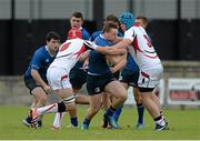 12 September 2015; Sean O'Brien, Leinster, is tackled by Joseph Dunleavey and Paul Mullen, Ulster - U18 Clubs. Ulster v Leinster - U18 Clubs - Clubs Interprovincial Rugby Championship Round 2, Rainey RFC, Magherafelt, Derry. Picture credit: Oliver McVeigh / SPORTSFILE