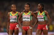 30 August 2015; Gold medalist Almaz Ayana of Ethiopia, bronze medalist Genzebe Dibaba of Ethiopia and silver medalist Senbere Teferi of Ethiopia following the final of the Women's 5000m event. IAAF World Athletics Championships Beijing 2015 - Day 9, National Stadium, Beijing, China. Picture credit: Stephen McCarthy / SPORTSFILE
